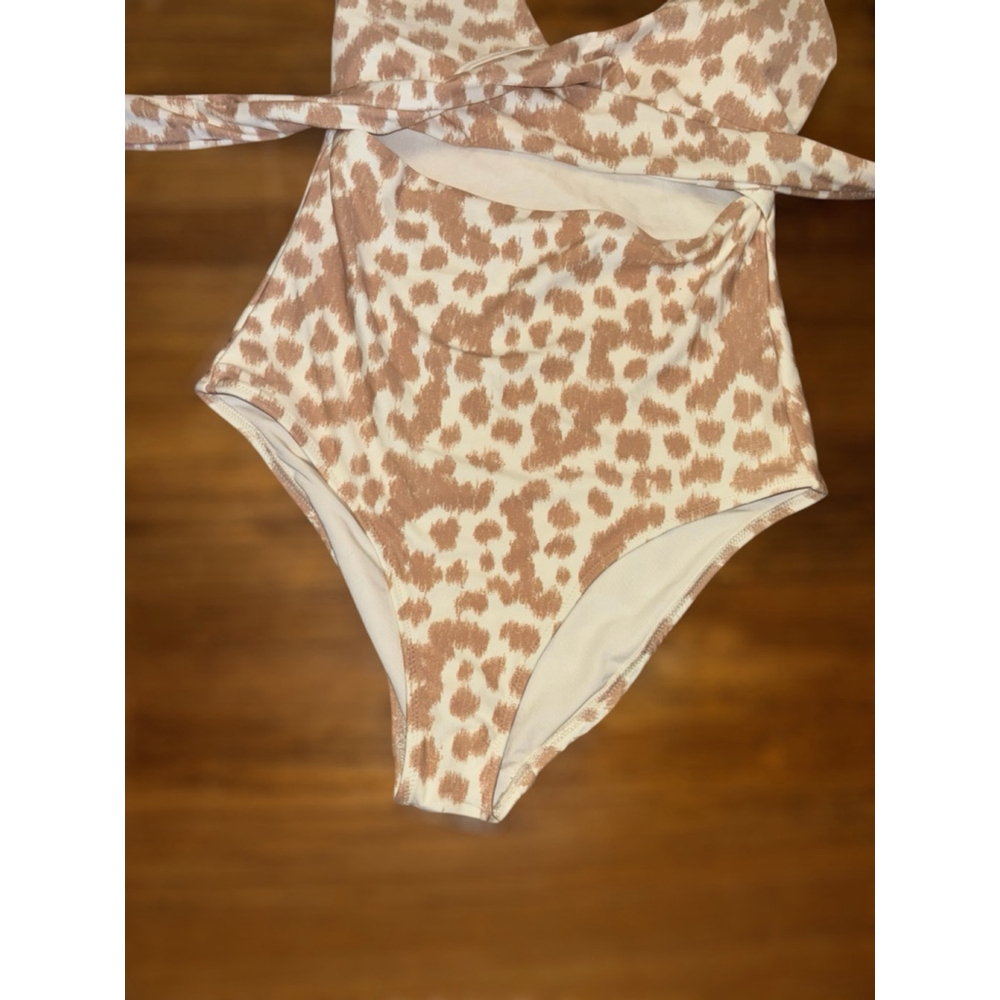 Aerie Women’s Size Small Cream Brown Animal Print Front Tie Cutout Wrap Swimsuit - Picture 4 of 12